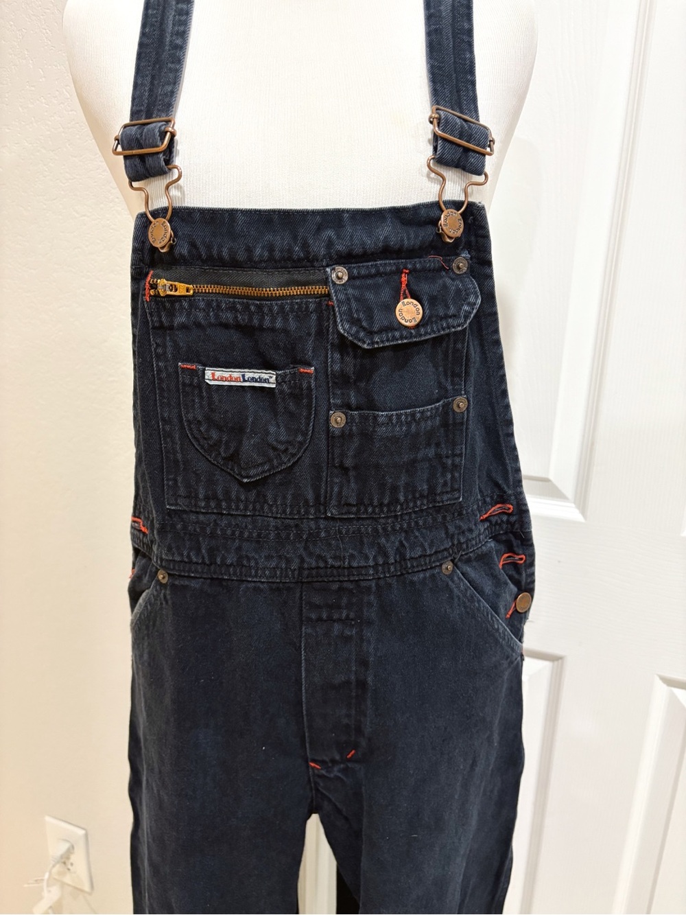 London London 80s/90s Cotton Denim Women’s Dark Boue Denim Wash Overalls Medium - Picture 2 of 6